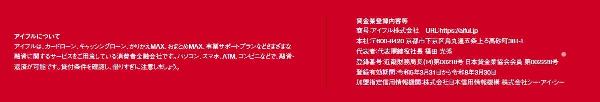 アイフルのホームページ下部にまとめられている貸金業登録内容等の内容の画像